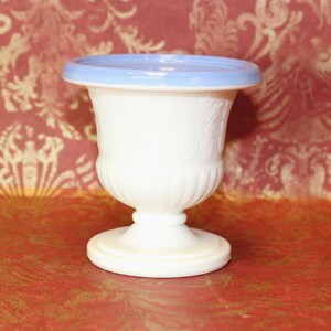 Milk Glass with blue glass lining, urn shaped miniature vase, fluted with scroll design