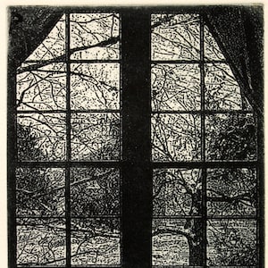 May include: Black and white print of a window with twenty-four panes. The window is divided into four rows of six panes each. The window is looking out onto a tree with bare branches. The print is titled "Twenty Four Panes" and signed "H. Lindsay".