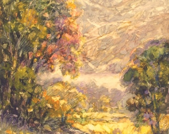 May include: A watercolor painting of a landscape with a large tree in the foreground and a mountain range in the background. The tree has green and yellow leaves and the mountains are a light brown color. The sky is a light blue color with white clouds.