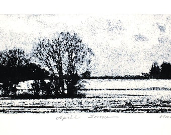 April Snow, original landscape etching signed by the artist
