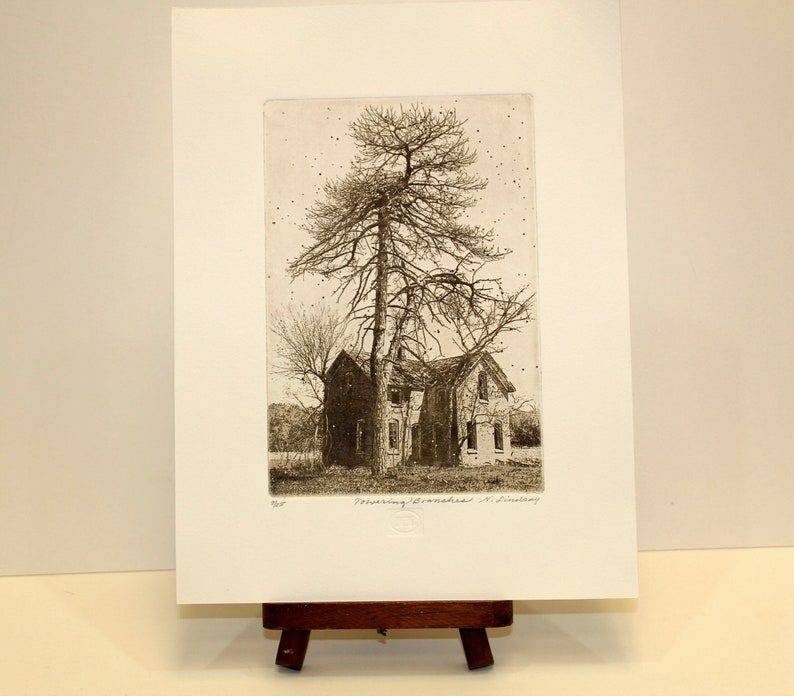Etching titled Towering Branches, artist signed, Trees, house. image 1