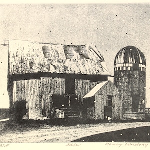 Original etching of farm buildings titled &quot;Idle&quot; signed by artist