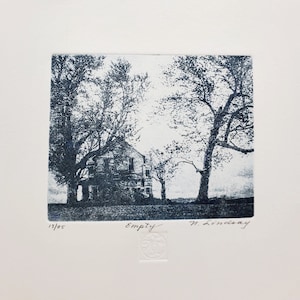 May include: Black and white print of a house with trees in the foreground. The print is titled "Empty" and signed "H. Lindsay".