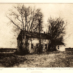 Originele ets getiteld "Stone House" gesigneerd door kunstenaar