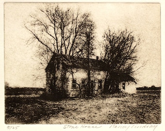 Original etching titled "Stone House" signed by artist