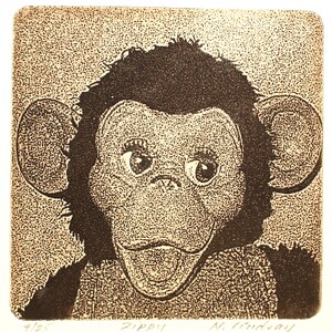 Zippy, een gesigneerde ets in beperkte oplage van een vintage knuffelaapje