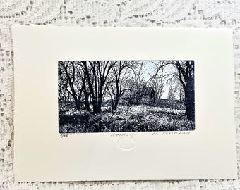 Originele ets getiteld 'Woodsy', ondertekend door kunstenaar