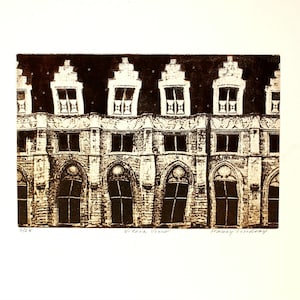 Original etching titled &quot;Vitava View&quot; signed by artist, Czech architecture