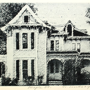 Original etching titled Maple Street, Nostalgic American architecture, artist signed