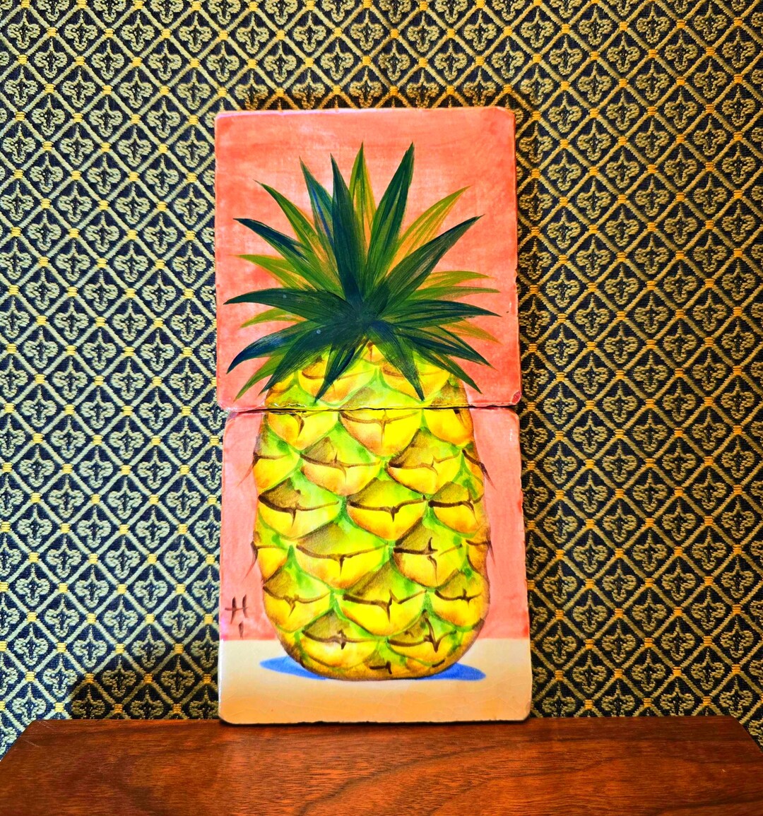 Zenia Taler, Hand Painted Ceramic Tile Set of Two. Pineapple Symbol of ...