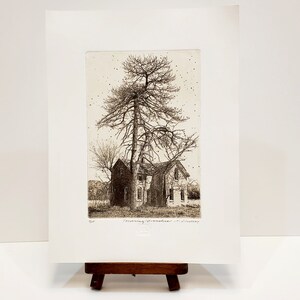 Etching titled Towering Branches, artist signed, Trees, house. image 3