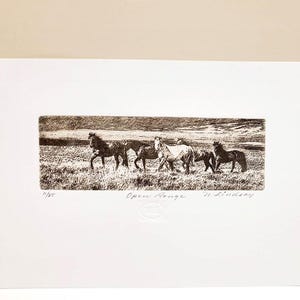 May include: A black and white print of a herd of horses in a field. The print is titled "Open Range" and is signed by the artist, N. Lindsay. The print is on a white background.
