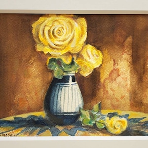 Original watercolor painting titled, Still Life with Swedish Vase; artist signed