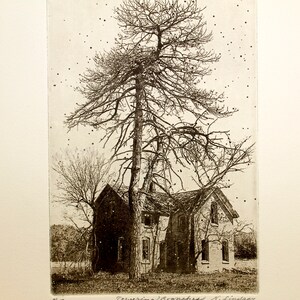 Etching titled Towering Branches, artist signed, Trees, house. image 4