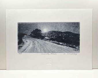 Original etching titled "County Road", a nocturne image, signed by artist