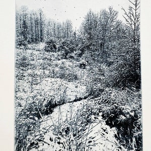 Original etching titled &quot;Winter Stream&quot;, snow, trees, signed