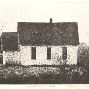 May include: Black and white print of a small, white building with three windows and a black roof. The print is titled "District 119" and signed "Harvey Lindsay".