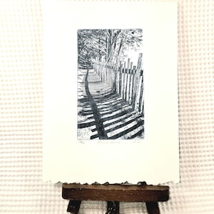 Original Etching print, titled Fence Line, artist signed, country fence with shadows