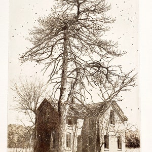 Etching titled Towering Branches, artist signed, Trees, house. image 2