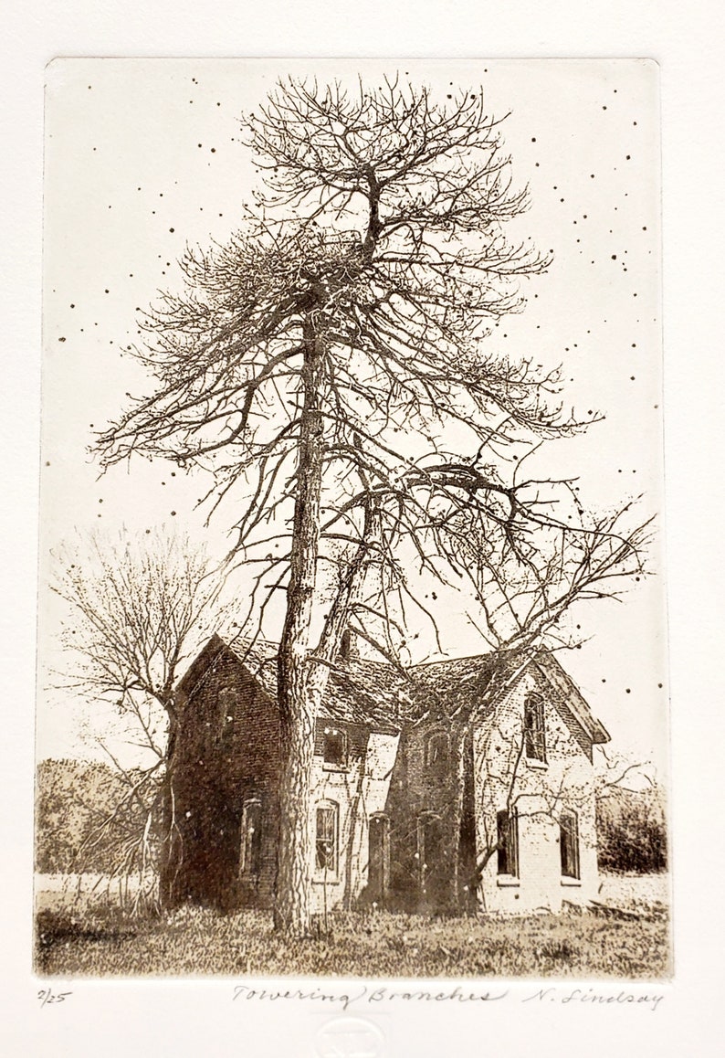 Etching titled Towering Branches, artist signed, Trees, house. image 2