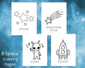 Space Kleurplaten – Rocket, Alien, Stars Activity voor kinderen (digitale download)