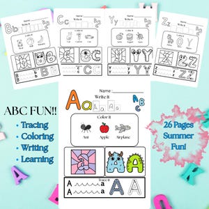 Op de afbeelding: Een set van 26 educatieve alfabetwerkbladen met activiteiten voor het overtrekken, schrijven en inkleuren van de letters A tot en met Z. Elke pagina bevat letteroefeningen, woordvoorbeelden met illustraties en kleursecties met monsters.