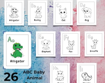 ABC kleurplaten babydieren | A-Z-leeractiviteit voor peuters (digitale pdf)