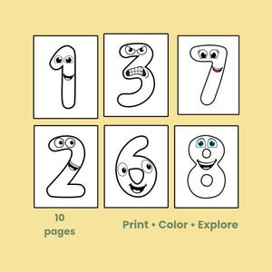 以下が含まれることがあります： 漫画の顔が付いた白黒の数字のイラストが6つ、3つずつ2列に並んでいます。数字は1、2、3、6、7、8です。「10ページ」と「Print • Color • Explore」の文字が下にあります。