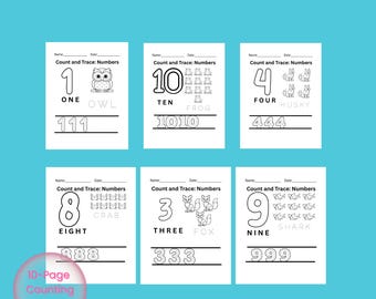 Tel- en traceernummers 1-10 | Wiskundewerkbladen voor kleuters | Afdrukbaar voor traceren en tellen van nummers