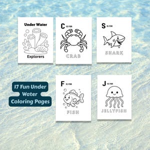 May include: A collection of 17 black and white coloring pages with an underwater theme. Each page features a different sea creature or element, including a crab, shark, fish, and jellyfish. The pages are labeled with the text "Under Water Explorers".