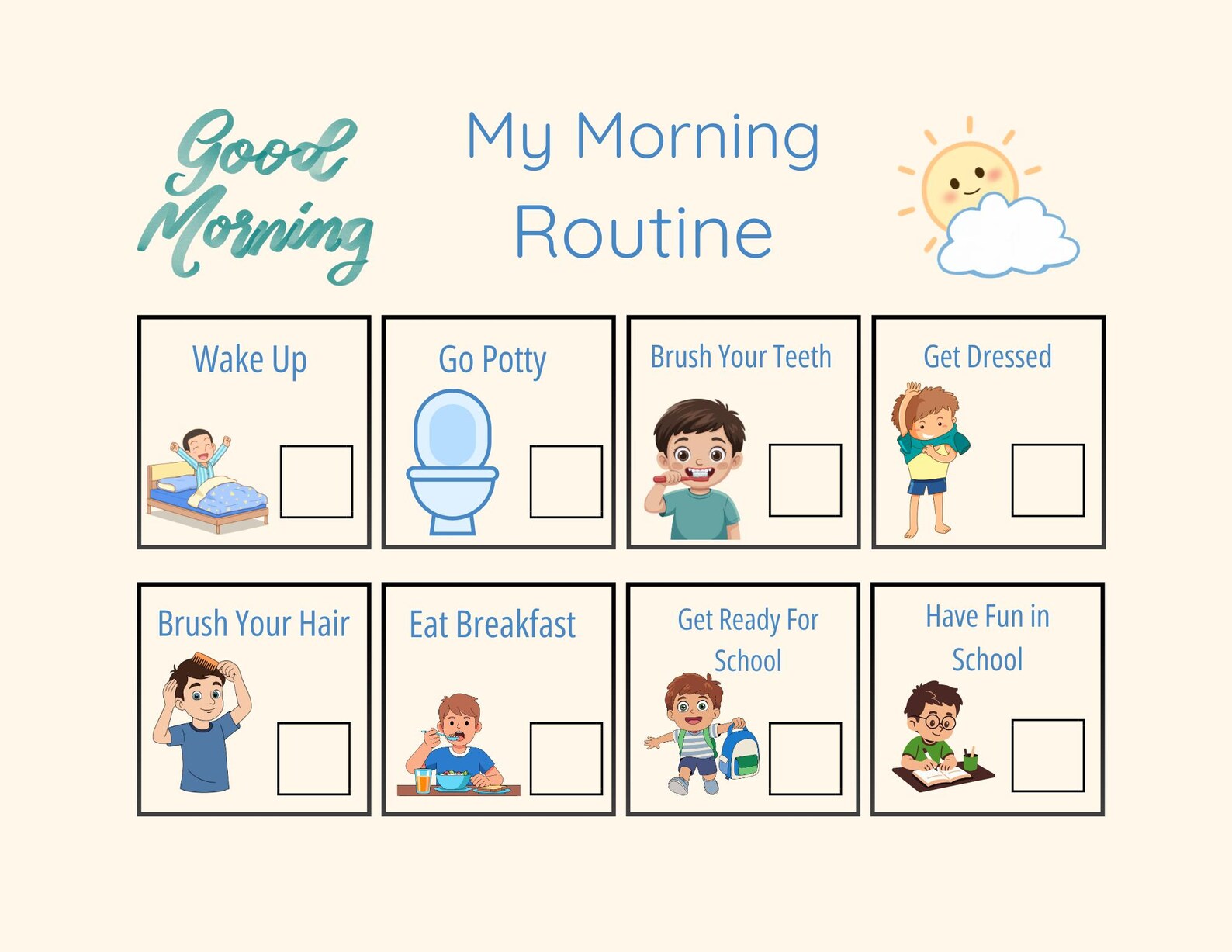 Boy Morning Routine Chart Printable | Kids Daily Morning Schedule ...