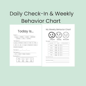 Può includere: Un "Registro giornaliero e grafico del comportamento settimanale" stampabile bianco con testo nero. Il grafico include sezioni per il giorno, il mese, la data, la stagione e il meteo, insieme a un tracker del comportamento settimanale.