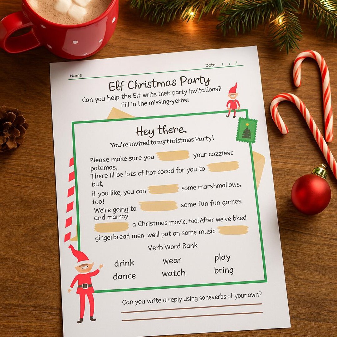 First Party Verb Elf Christmas Party Verb Worksheet – Fill-in-the-blank Christmas ...