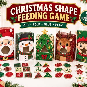 Op de afbeelding: Een kerstvormen-voerspel bestaande uit vijf rechthoekige dozen met illustraties van de kerstman, een sneeuwman, een boom, een rendier en een elf. Elke doos heeft een specifieke uitsparing. Inclusief bijpassende ronde, vierkante, driehoekige en stervormige fiches.