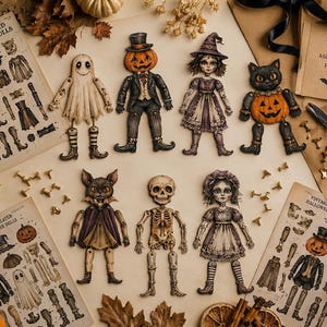 以下が含まれることがあります： ヴィンテージスタイルのハロウィン用関節付きペーパードールセット。幽霊、カボチャ頭の人物、魔女、黒猫、骸骨、少女のキャラクターが含まれ、印刷された説明書と金属製の留め具が付属しています。