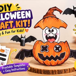Könnte beinhalten: Ein DIY Halloween Bastelset mit druckbaren Vorlagen und Anleitungen. Das Set enthält Papierbögen zum Zusammenbauen einer Kürbisfigur mit Fledermausflügeln, ein Geistermotiv und Fledermausdekorationen mit dem Text DIY HALLOWEEN CRAFT KIT!