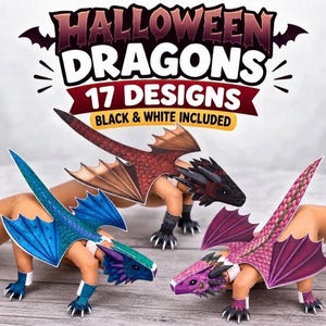 May include: A digital collection of Halloween Dragons featuring 17 designs, including black and white options. The set includes paper-craft style dragon figures in red, blue, and pink, each with detailed scales, wings, and clawed feet for assembly.