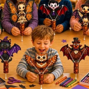 Op de afbeelding: Een verzameling Halloween-papieren knutselpoppen met figuren zoals pompoenen, vleermuizen, uilen, spoken en vampiers. Elke pop is gemonteerd op een cilindrische basis en wordt vergezeld door kleurpotloden en een schaar voor het knutselen.