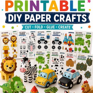 May include: A collection of 50+ printable DIY paper crafts for ages 4-10, featuring sheets with instructions and pre-cut designs. Assembled models include a lion, zebra, car, police car, rocket, triceratops, cow, hen, and an Eid Mubarak gift box.
