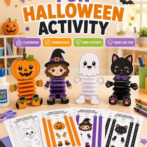 Könnte beinhalten: Ein Halloween-Bastelset mit vier Papierfiguren im Akkordeon-Stil: ein Kürbis, eine Hexe, ein Geist und eine schwarze Katze. Das Set enthält bedruckte Bastelbögen mit Anleitungen zum Ausmalen und Zusammenbauen dieser Figuren sowie Kleber und Stifte.