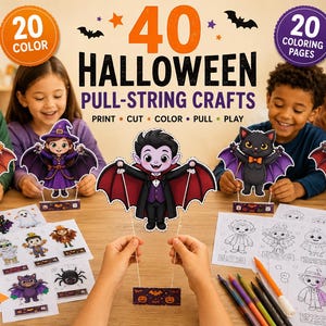 May include: A set of 40 Halloween pull-string crafts featuring 20 color and 20 coloring pages. The kit includes printed character cutouts like a vampire, pumpkin, and cat, along with pull-string mechanisms, colored pencils, and paper sheets.
