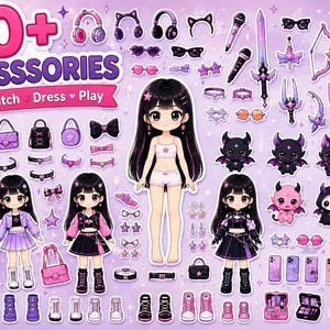 Puede incluir: Un set de muñecas de papel de fantasía K-Pop que incluye una figura central, tres variantes de muñecas vestidas y más de 50 accesorios como ropa, zapatos, bolsos, joyas, armas y pequeñas criaturas en tonos morados, rosas y negros.