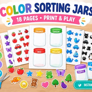 Pode incluir: Um conjunto de atividades de classificação por cores com 18 páginas imprimíveis com frascos ilustrados e vários objetos como frutas, animais e formas. O conjunto inclui etiquetas para reconhecimento de cores e habilidades motoras.