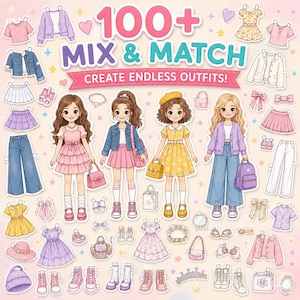 May include: A paper doll set featuring four illustrated characters and over 100 mix and match clothing items and accessories. The text 100+ MIX & MATCH CREATE ENDLESS OUTFITS! is displayed at the top. Includes dresses, skirts, jackets, shoes, and bags.