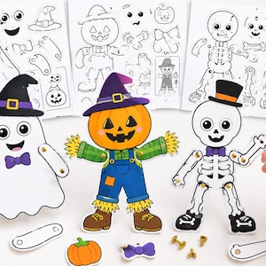 Könnte beinhalten: Drei bewegliche Halloween-Figuren aus Papier, bestehend aus einem weißen Geist mit violetter Fliege, einer Vogelscheuche mit Kürbiskopf in blauer Latzhose und einem weißen Skelett mit schwarzem Zylinder, inklusive Bastelbögen und Metallklammern.