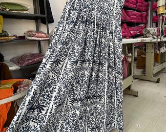 Handcrafted Blue Floral Print Tiered Cotton Maxi Dress for Women | Stylish, Lightweight Long Dress