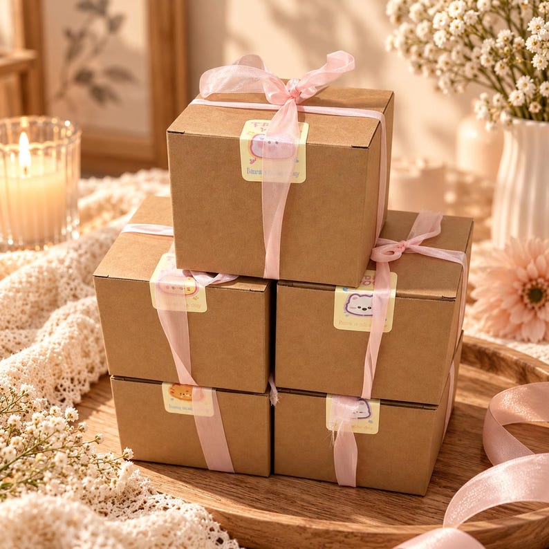 May include: A stack of five square brown cardboard gift boxes tied with light pink sheer ribbon. Each box features a small rectangular sticker with a cartoon illustration and the text Thank You printed on the front center.