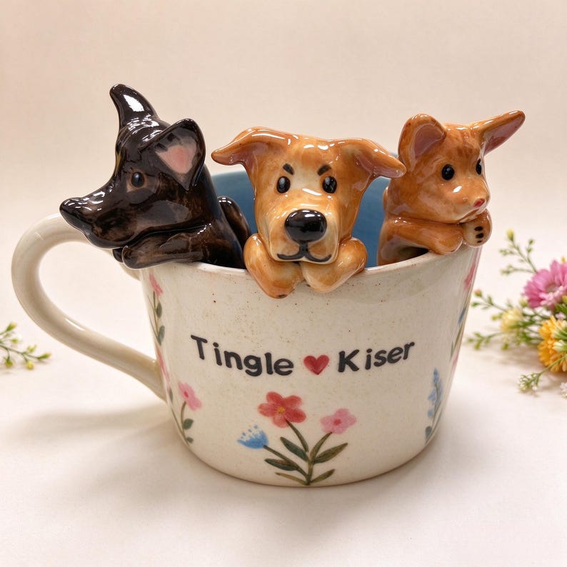 May include: A cream-colored ceramic mug featuring a floral pattern and the text Tingle Kiser with a red heart. Three sculpted dog figurines in black, tan, and light brown are perched on the rim, peering over the edge of the mug.