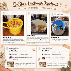 May include: A collage of 5-Star Customer Reviews featuring photos of ceramic mugs with sculpted animal figures inside. The mugs include a yellow one with two cats, a white one with a dog, and a blue-lined white mug with two dogs.