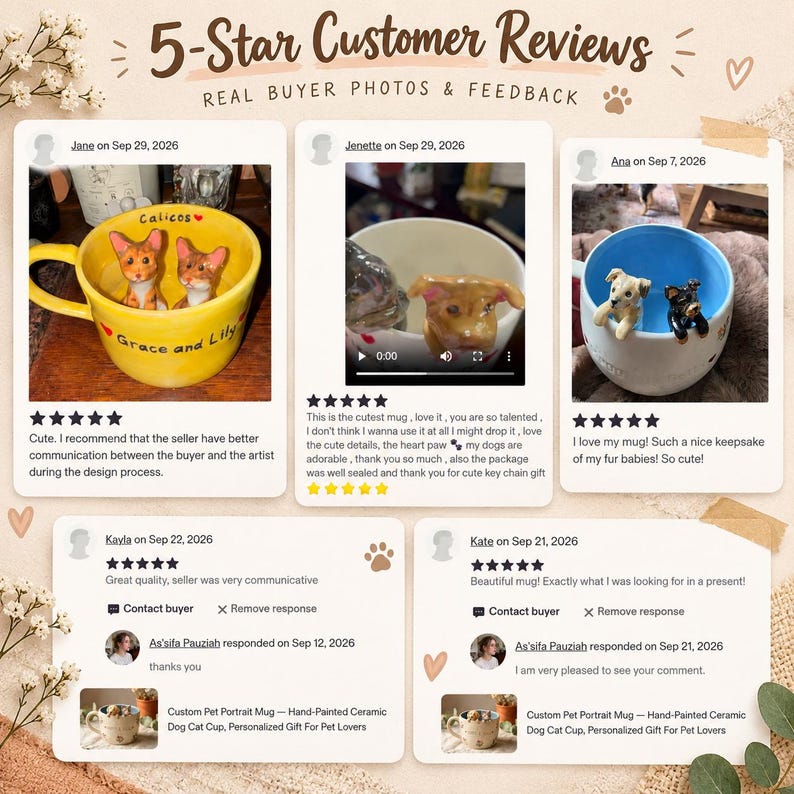 May include: A collage of 5-Star Customer Reviews featuring photos of ceramic mugs with sculpted animal figures inside. The mugs include a yellow one with two cats, a white one with a dog, and a blue-lined white mug with two dogs.